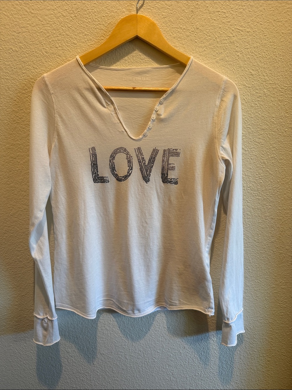 Zadig & Voltaire White Long-Sleeve 'LOVE' Graphic T-Shirt Paper Thin Rocker Y2K
